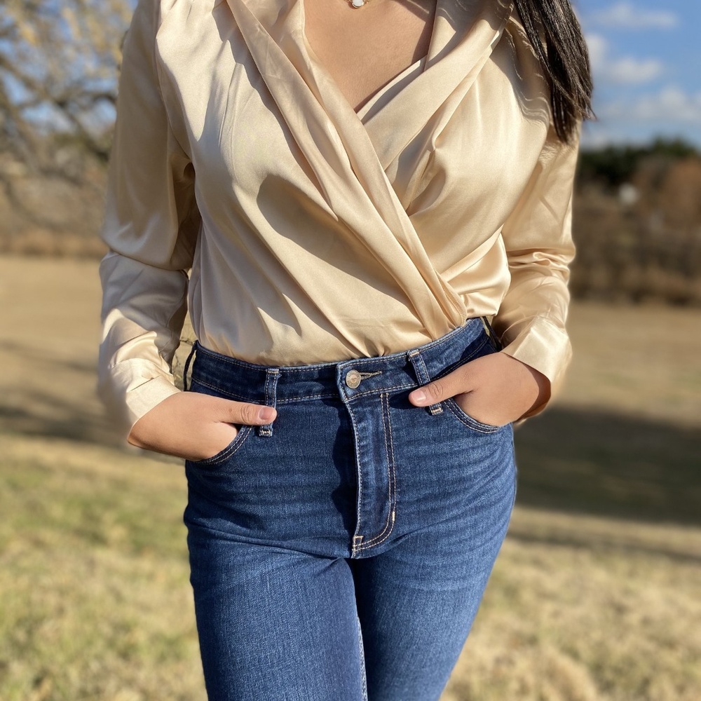 Champagne V-neck Wrapped Bodysuit - Picture 2 of 3
